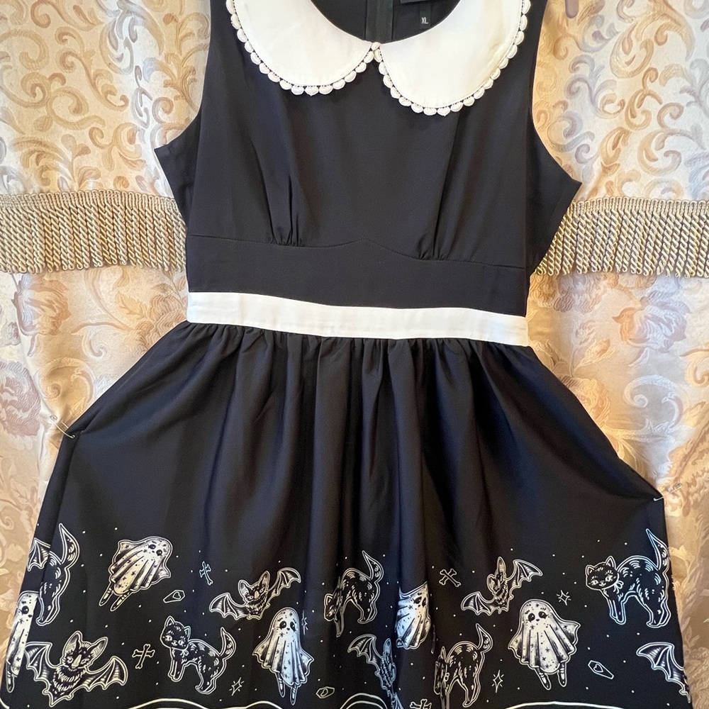 Black Dress with Ghost Print and Peter Pan Collar